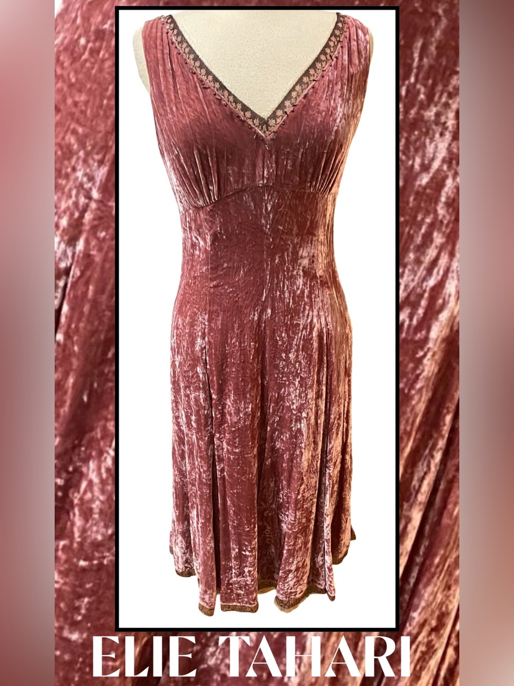 ELIE TAHARI Rose Silk Crushed Velvet Dress Fit & Flare Lace Hemline New Size 10